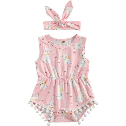 Easter Baby Rompers Cute Toddler Girls Cartoon Rabbit Floral Print Sleeveless Romper Top Headband 2Pcs Summer Outfits