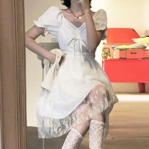 Korean Style Basic Vingate Dresses Women Bandage Design V-neck Elegant Casual Beach Dress Evening Chiffon Lace 2021 Summer Y2K