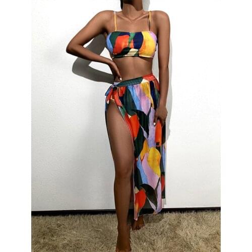 Mossha Sexy mesh skirt swimsuit women Colorblock print bikini set Bandeau push up swimwear High waist bathing suit Beach wear
