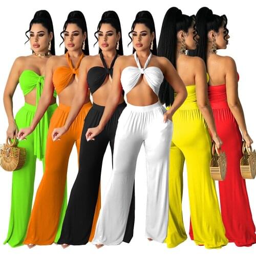 Echoine Summer 2 Pcs Beach Vacation Wrap Bra Halter Crop Top Lace Up Bakless Top Wide Leg Pants Set Sexy Elegant Matching Set