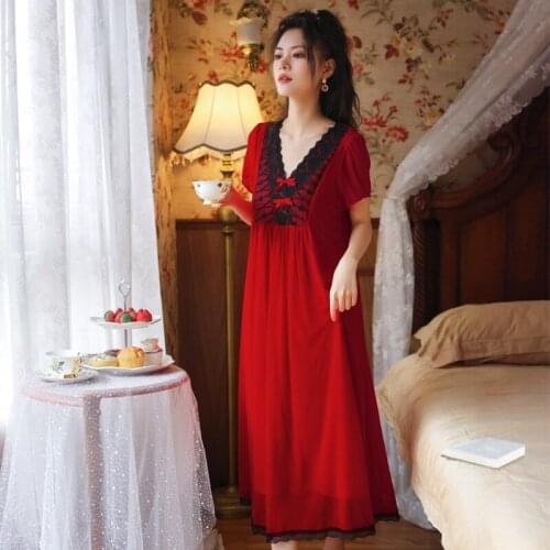 Wasteheart Red Women Homewear Female Sexy Sleepwear Night Dress Long Lace V Neck Nightwear Nightgown Sleepwear Court Gown