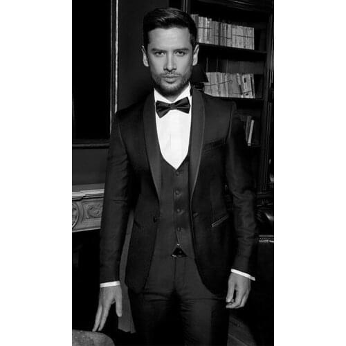 Latest Design One Button Black Groom Tuxedos Shawl Lapel Groomsmen Mens Wedding Prom Suits (Jacket+Pants+Vest+Tie) NO:194