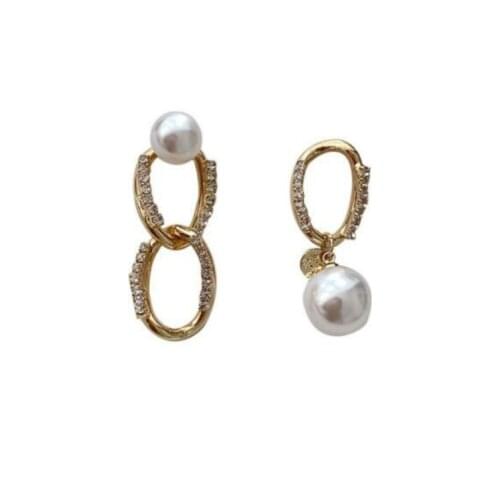 New Earrings Fashion Jewelry Inlay Crystal Asymmetric Chain Simulation Pearl Earrings Simple Statement Earrings Wholesale