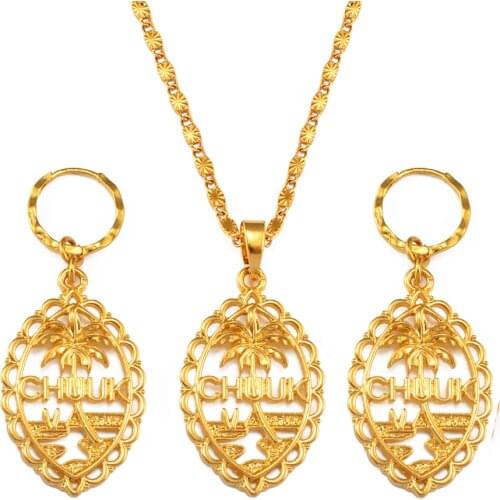 Anniyo Micronesia Chuuk Pendant Necklace Earrings sets for Women Gold Color Coconut Tree Jewelry Sets Gift #242906