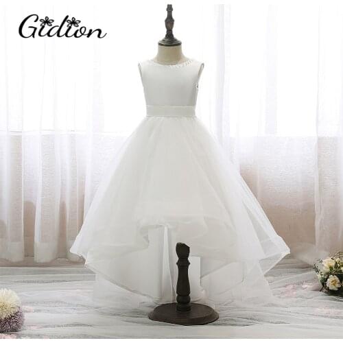 Girls Dress Lace Tailing Gauze Bow Sleeveless Costume Wedding Party Children Clothes Elegant Pageant Party Princess Dress