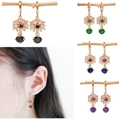 Trendy Dangle Drop Flower Earrings Red Green Purple Round Zirconia Stone For Women Girls Fashion Jewelry Accessories Wedding Gif