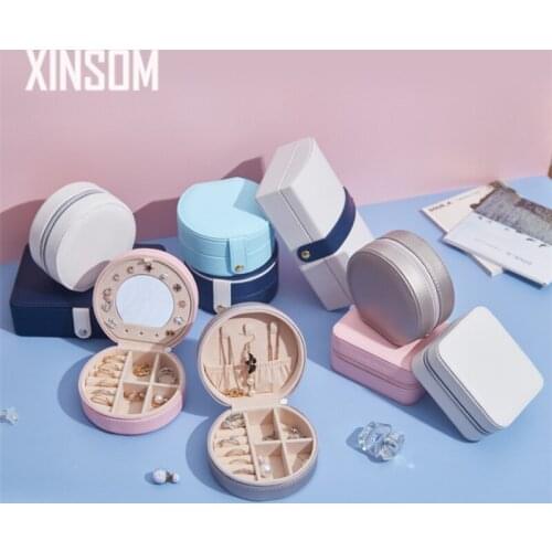 XINSOM Round Jewelry Box With Mirror Double Layers Necklace Earrings Rings Bracelets Jewelry Storage Box Portable Travel Casket