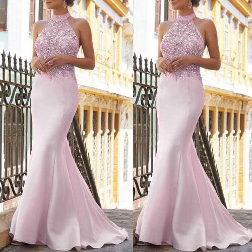 SuperKimJo Robes Pink Evening Dresses Long High Neck Beaded Mermaid Elegant Modest Evening Gown Vestido De Festa