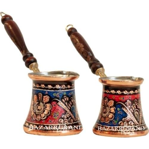 Turkish Copper Coffee Pot Handmade Traditional Design PAINTED Wooden Handle Inlaid Ottoman Arabic Coffee Espresso FREE SHİPPİNG