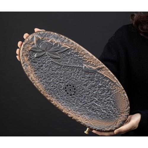 Japanese Style Coarse Pottery Gilding Iron Glaze Tea Tray Ceramic Double-Layer Drainage Dual-Use Dry Pour Saucer Tea Table