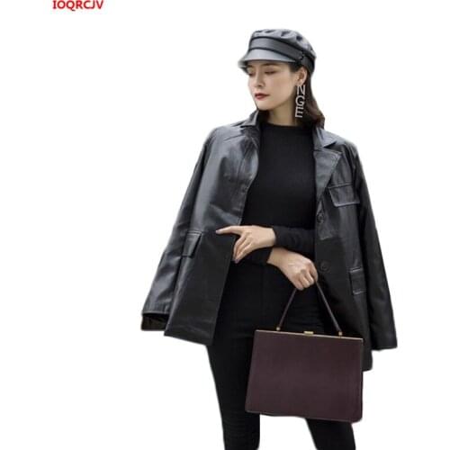 Cool Women Leather Jacket 2019 Spring Autumn Long Sleeve Loose PU Leather Motorcycle Coats Medium length Female Overcoat W1678