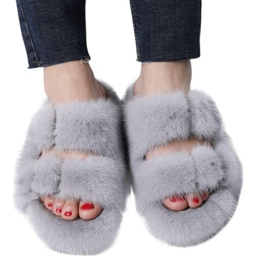 Highly Quality Luxury Womens Winter Real Mink Fur Slippers Flat Heel Slides Top Quality Lady Luxury Fur Outdoor Warm Sandals