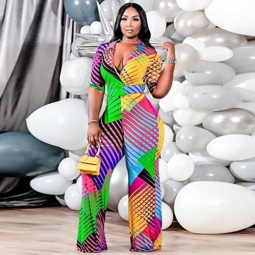 Color Block Striped Print Womens Jumpsuit Fashion Deep V Neck Half Sleeve Wide Leg Overall Elegant Full Length Loose Rompers