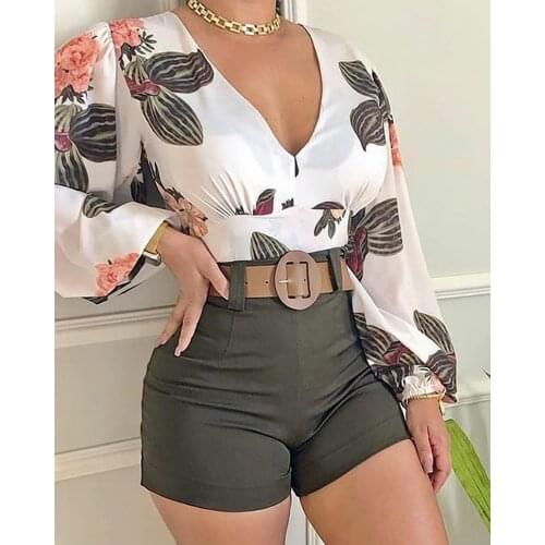 Womens Two Piece Print Puff Sleeve Top & Shorts Set