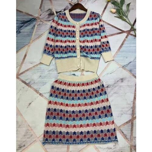 High Quality Sweater Sets 2021 Autumn Winter Knitted Set Women Geometric Patterns Knitted Cardigan+Vintage Knit Skirt Set Casual