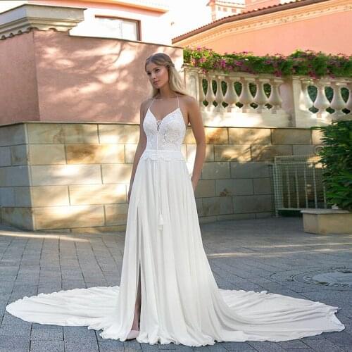 Sexy Halter Bridal Gowns Robe Mariage V Neck Chiffon A Line Floor-length Backless Wedding Dress 2021 with Front Split
