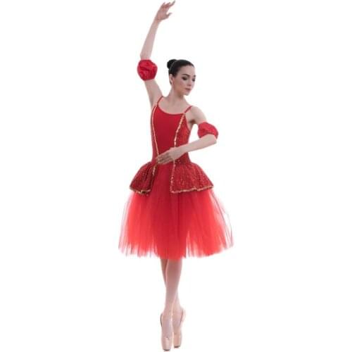 A18702 Red Sequin Spandex Bodice Ballet Tutu Romantic Length Ballet Costume Stage Performance Ballet Dress