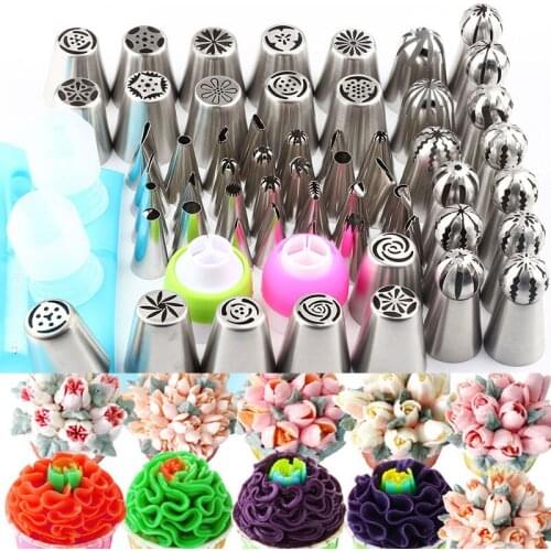 4Pcs Coupler 1 Pcs Brush 1 Pcs Bag+Large 55 Pcs Tips Russian Tulip Pastry Piping Ball Shaped Icing Nozzles Cake Cream Decorating