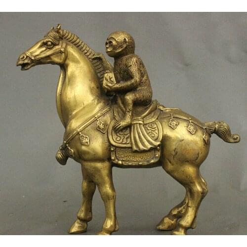 6" Folk Chinese Copper Brass FengShui Zodiac Monkey Ride Horse Statue sculpture