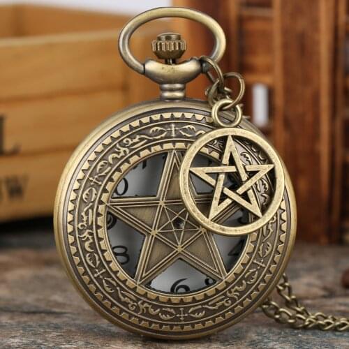 Bronze Vintage Hollow Pentagram Pattern Quartz Pocket Watch Alloy Case with Watches Men Women Slim Chain Pendant with Accessory