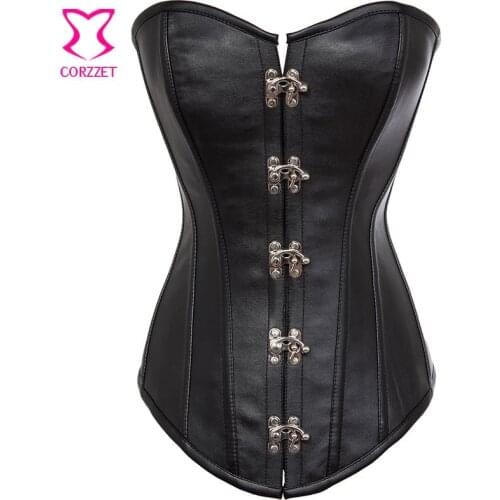 Black Faux Leather Overbust Pus Size Corset Steampunk Waist Slimming Corsets Steel Boned Corselet Corpete Punk Rock Sexy Bustier
