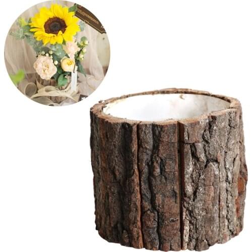 Wooden Flower Vase Vintage Table Decorative Plant Pot Desktop Flowerpot Fake Tree Bark Succulent Plants Container For Home Decor