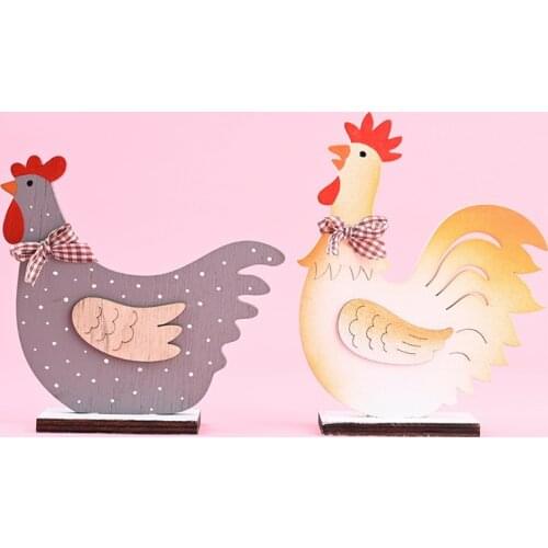 Wooden Easter Ornament Bowknot Chicken Shape Figurines Festive Atmosphere Decoration for Desktop Yard