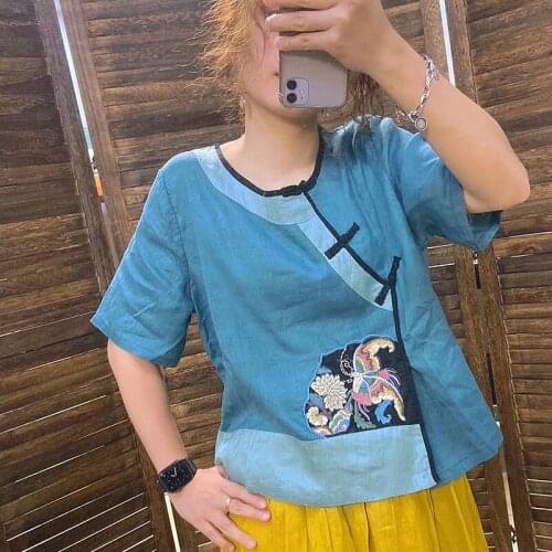 Women Traditional Chinese Style Cheongsam Qipao Tops Ethnic Linen Embroidery Loose Cardigan Shirt Blouse Oriental Retro Clothing