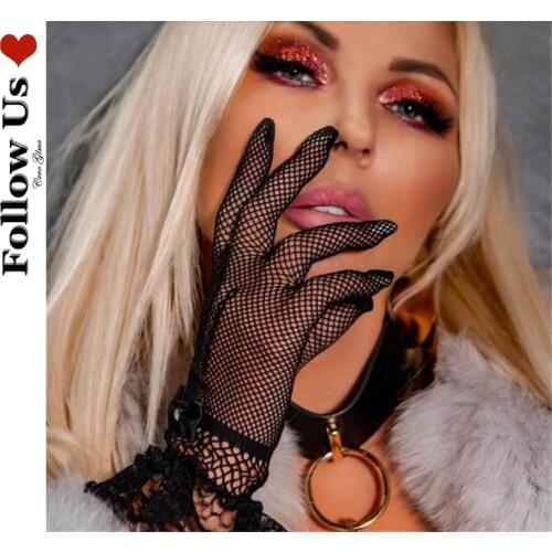 Stretch Mesh Gloves Ladies Gothic Harajuku Lace Mesh Gloves Woman Fashion Hollow Black Sexy Nightclub Etiquette Wedding Gloves