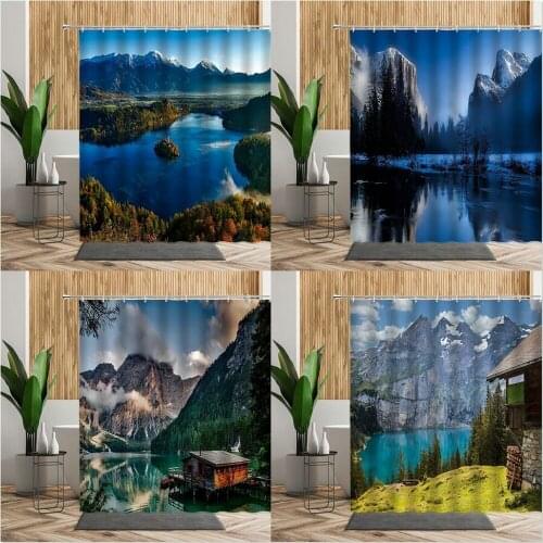 European Natural Scenery Shower Curtain Lake Mountain Forest Wooden House Landscape Wall Cloth Bathroom Curtains Home Bath Decor