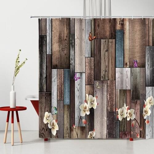 Retro Wood Stripe Shower Curtain Flowers Butterfly Washable Bathroom Decor With Hook Shabby Wooden Board Bath Hanging Curtains