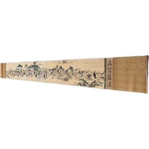 Chinese Old Picture Paper "Five Hundred Arhats" Long Scroll Painting Long Scroll