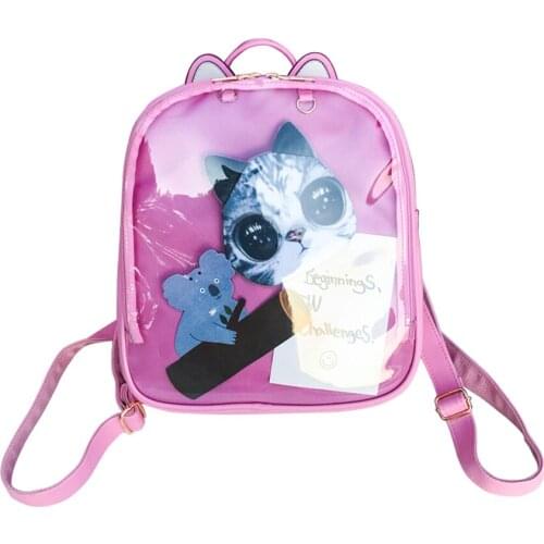 Hot Selling Cute Cat PU Leather Backpack Candy Color Transparent Shoulder Bags School Teenage Girls Travel Backpacks