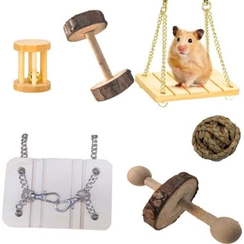 Cute Natural Wooden Rabbits Toys Pine Dumbells Unicycle Bell Roller Chew Toys for Guinea Pigs Rat Small Pet Molars Supplies