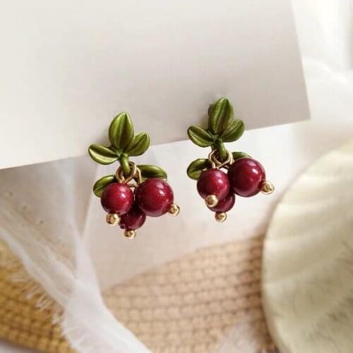 Japanese Style Cute Cranberry Fruit Cherry Red Beads Earring Temperament Small Red Cherry Clip on Earrings Without Piercing Kids