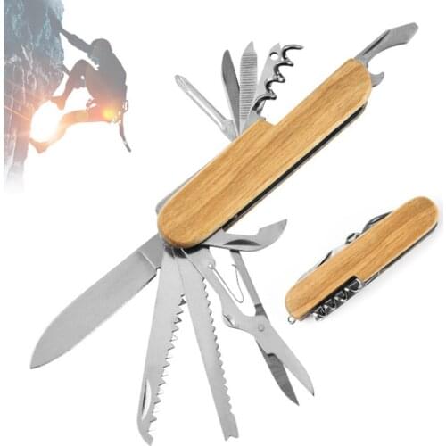 Multi-purpose Swiss Knife 13 In 1 Multitools Stainless Steel Folding Knife Wood Handle Outdoor Keychain Pocket Knife Tools