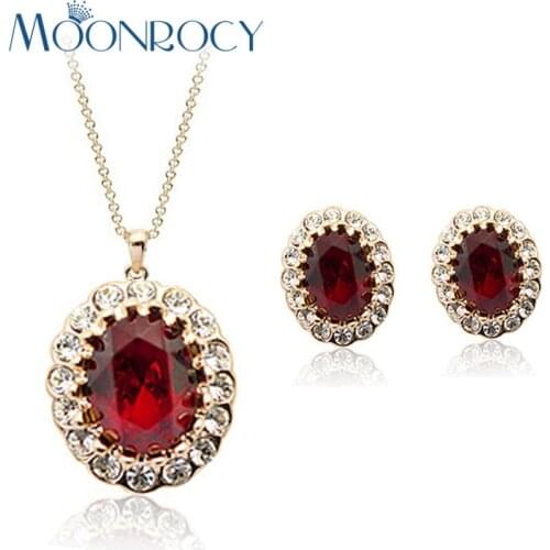 MOONROCY Free Shipping fashion Red crystal necklace and earrings set Rose Gold Color Crystal Jewelry Set for Women