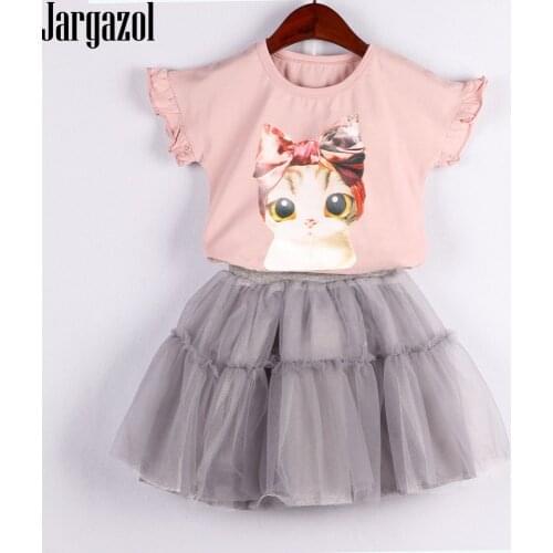 Girls Clothes Summer Cartoon Cat Printed Shirt&skirt Cute Baby Girl Clothing Set Toddler Kids Outfits Vetement Enfant Fille