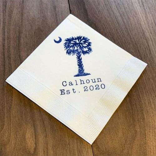 Personalized Napkins Palmetto Moon Last Name Established 2020 Paper ply Cocktail Napkins South Carolina State Flag 5 x 5 inches