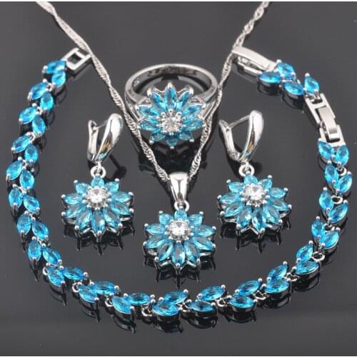 Christmas Gift New Flower Sky Blue Zirconia Silver Color Women Jewelry Sets Bracelet Necklace Pendant Earrings Ring QS0433