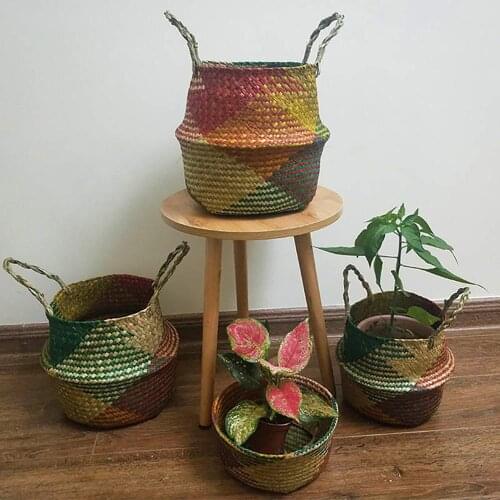 Foldable Handmade Rattan Woven Flower Basket Seagrass Clothing Storage Room Home Decoration Hanging Flowerpot Organizer