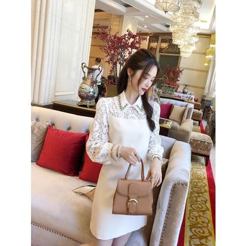 Light luxury French ladies temperament lace beaded collar long-sleeved commuter waist slimming dress 2021 spring and summer new