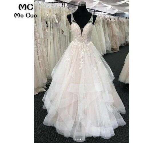 Vintage Ruffles Wedding dresses Corset Bodice Tank Appliques Beaded V-Neck Tulle Bridal Gown Backless Wedding Gowns