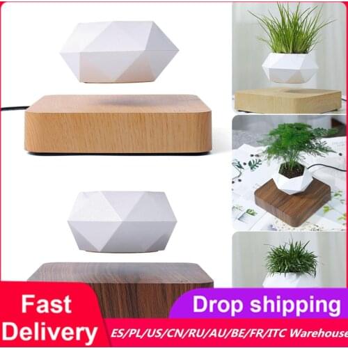 Rotating Flower Pot Magnetic Floating Potted Plant Home Desktop Decoration Wood Grain Plant Flower Pot(Without Plants)