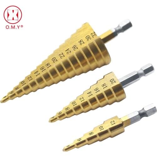OMY 3Pcs/lot HSS Steel Large Step Cone Titanium Coated Metal Drill Bit Cut Tool Set Hole Cutter 4-12/20/32mm