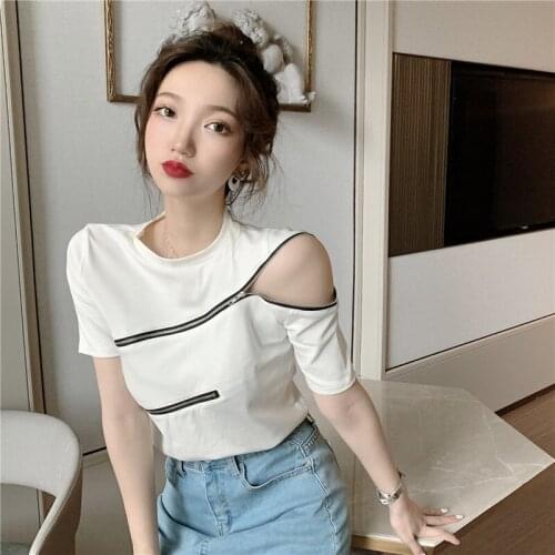 WomenS T-Shirt 2020 Fashion Korean Chic Crop Top Female O-Neck Zipper Shirts Short Sleeves Streetwear Women Top AA5395