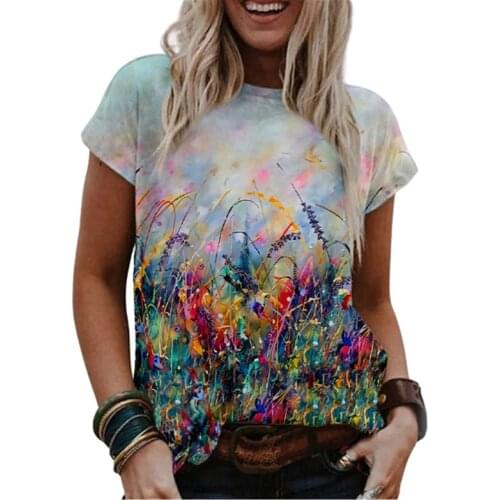 Ladies New Arrival Gradient Watercolor Painting Rainbow Women T-Shirt O-Neck Short Sleeve 3D Dandelion Big Size Top Summer 2021