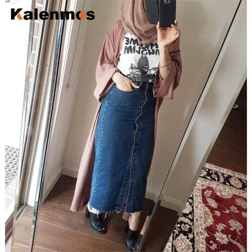 Kalenmos Muslim Butoon Pencil Skirt Women High Waist Bodycon Denim Long Skirts Dubai Arab Middle East Turkish Abaya Ropa New