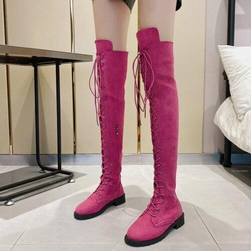 Sexy Lace Up Over Knee Boots Women rome style Boots Women Flats Shoes Woman suede long Boots Botas Winter Thigh High Boots 35-43