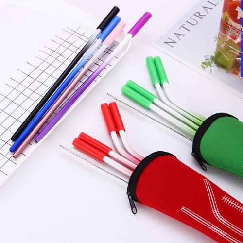 20Set/Lot Stainless Steel Gradient Color Straw With Anti-Scratch Silicone Head Metal Reusable Eco-Friendly Drinking Straw